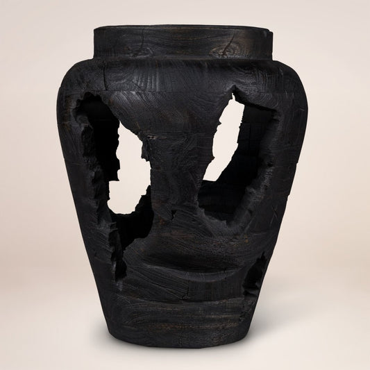 18" Black Solid Wood Modern Abstract Table Vase With Sculptural Details