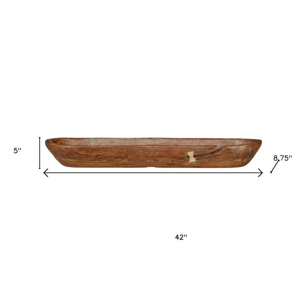 42" Brown And Gold Reclaimed Wood Asymmetrical Edge Oval Centerpiece Bowl