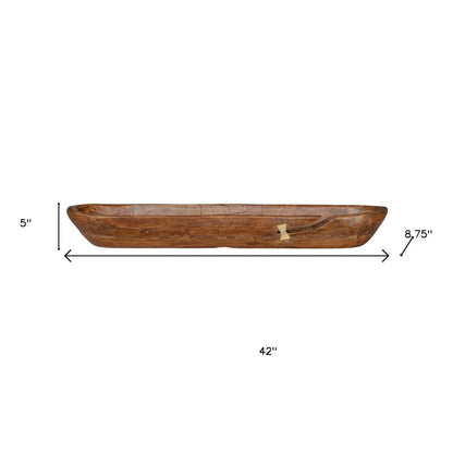 42" Brown And Gold Reclaimed Wood Asymmetrical Edge Oval Centerpiece Bowl