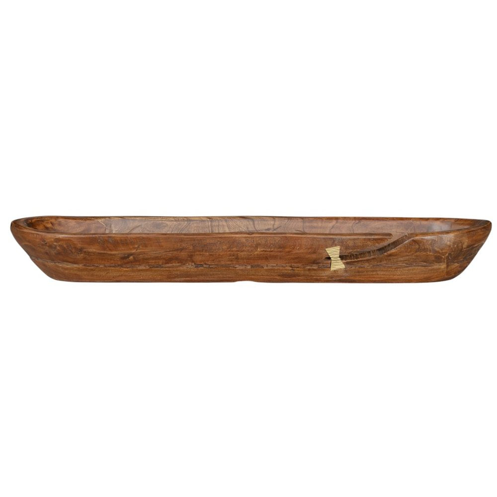 42" Brown And Gold Reclaimed Wood Asymmetrical Edge Oval Centerpiece Bowl