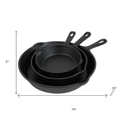 Set of Three Black Cast Iron Frying Pans