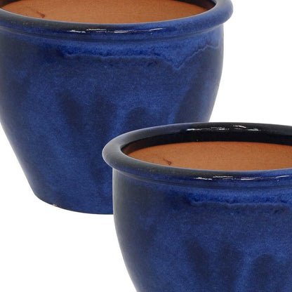 Set of Two Dark Blue Ceramic Round Pot Planter