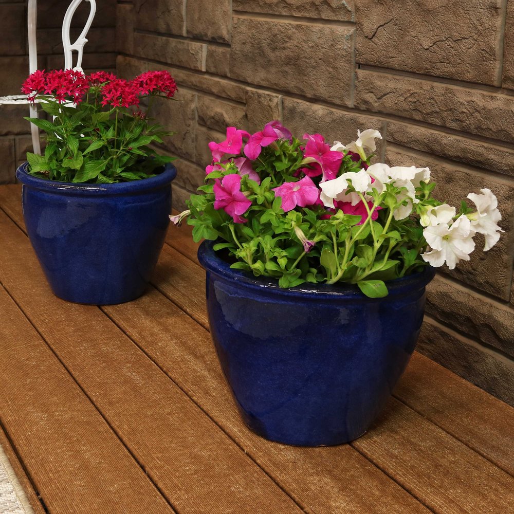 Set of Two Dark Blue Ceramic Round Pot Planter