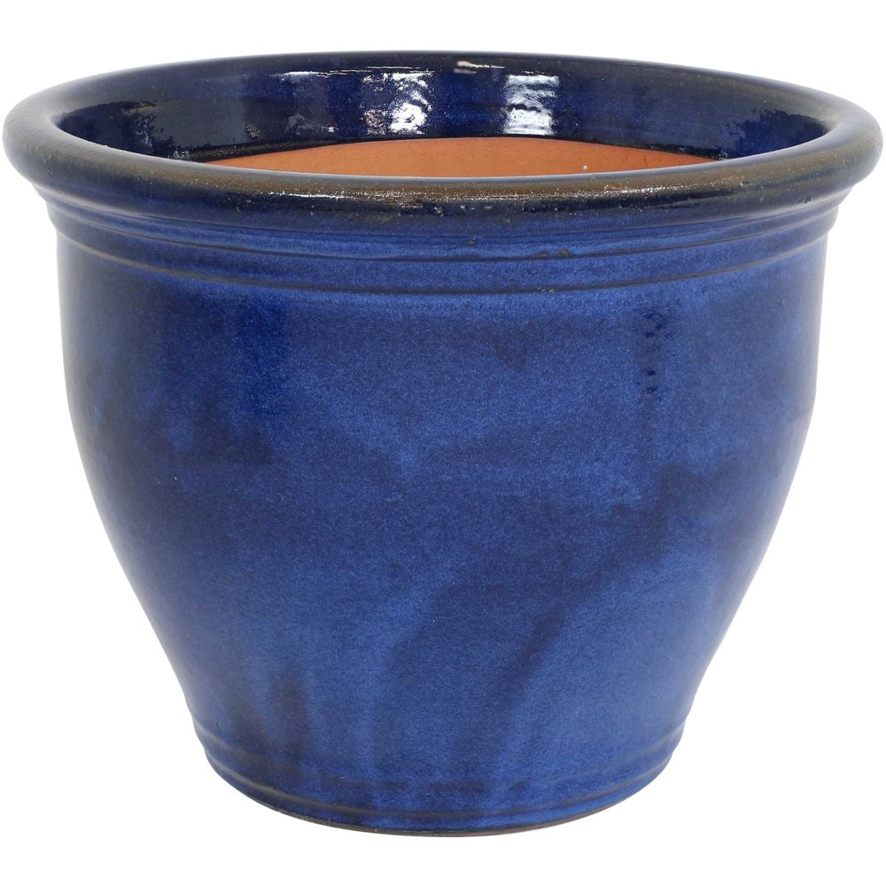 15" X 19" Dark Blue Ceramic Round Pot Planter