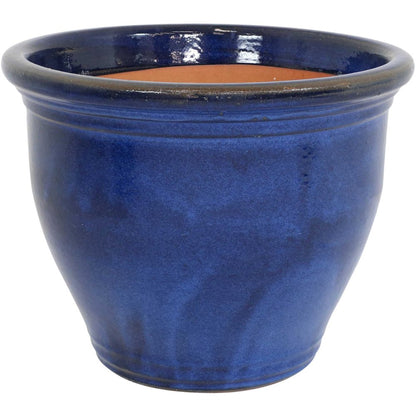 15" X 19" Dark Blue Ceramic Round Pot Planter