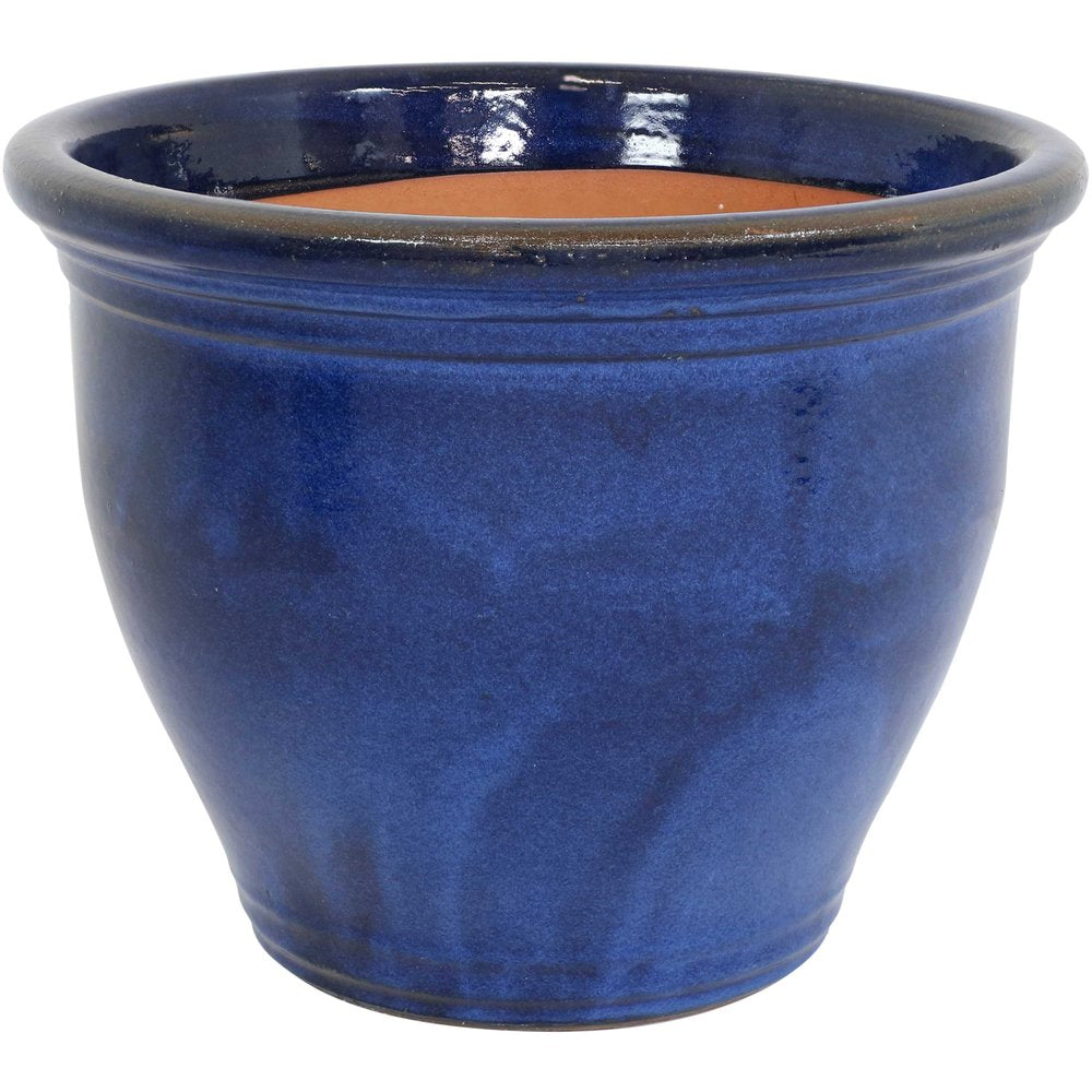 15" X 19" Dark Blue Ceramic Round Pot Planter
