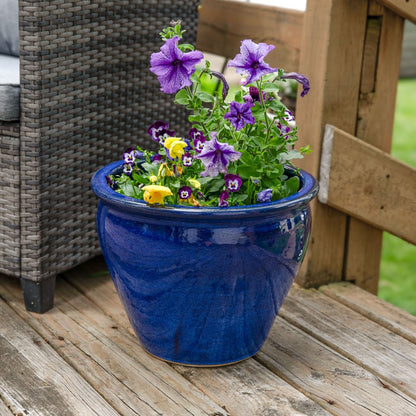 15" X 19" Dark Blue Ceramic Round Pot Planter
