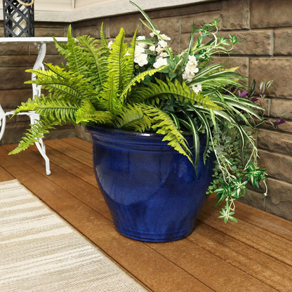 15" X 19" Dark Blue Ceramic Round Pot Planter