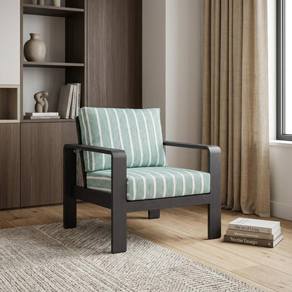33" Green White and Black Upholstered and Aluminum Striped Arm Chair