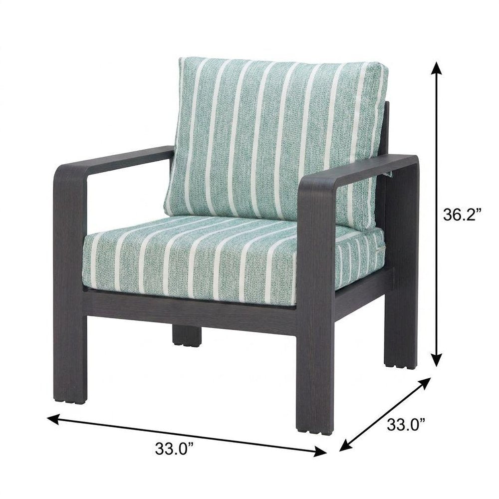 33" Green White and Black Upholstered and Aluminum Striped Arm Chair