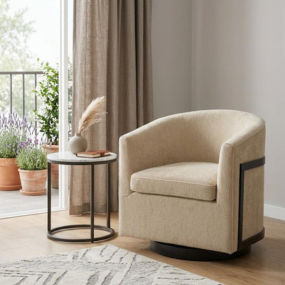 30" Beige Upholstered Swivel Arm Chair