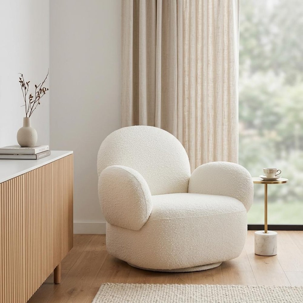 35" White Upholstered Swivel Arm Chair