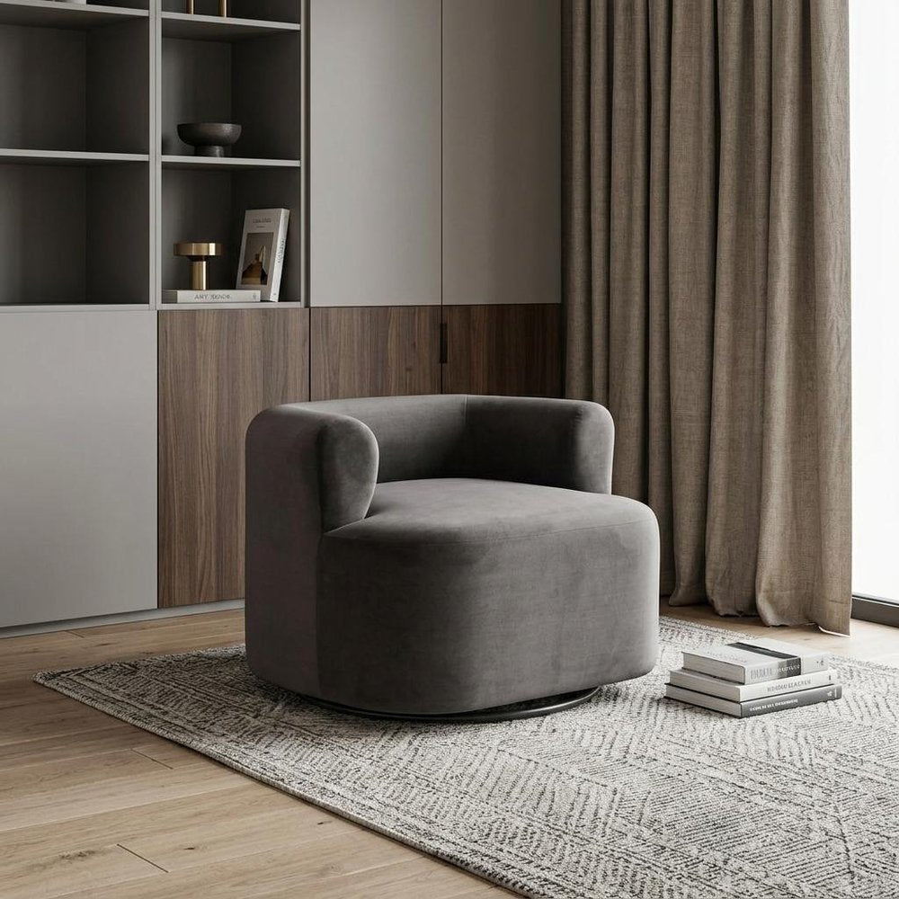 35" Gray Upholstered Swivel Arm Chair