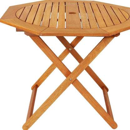 36" Brown Octagonal Solid Wood Folding Outdoor Dining Table with Umbrella Hole