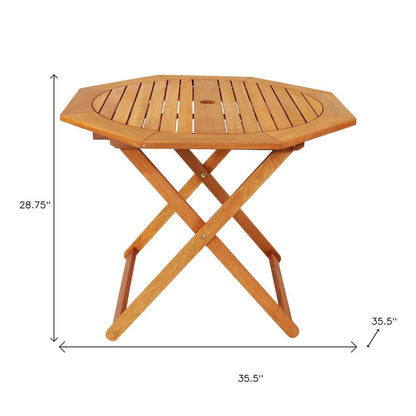 36" Brown Octagonal Solid Wood Folding Outdoor Dining Table with Umbrella Hole