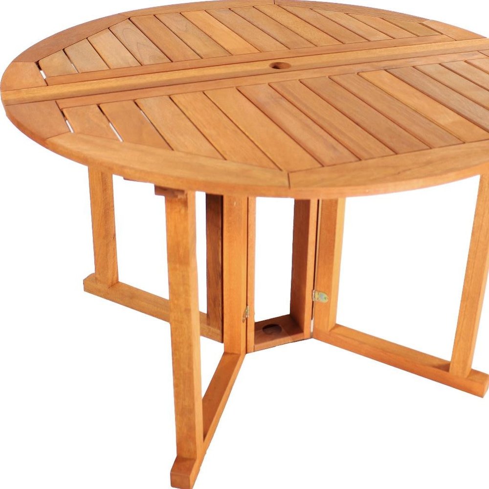47" Brown Rounded Solid Wood Folding Outdoor Dining Table with Umbrella Hole