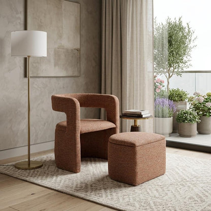 26" Brown Upholstered Arm Chair With Ottoman