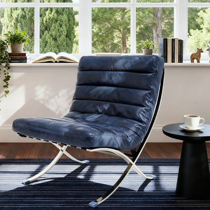 29" Blue and Silver Tufted Leather and Upholstered Folding Lounge Chair
