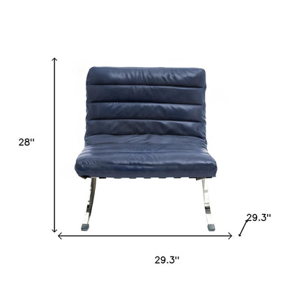 29" Blue and Silver Tufted Leather and Upholstered Folding Lounge Chair