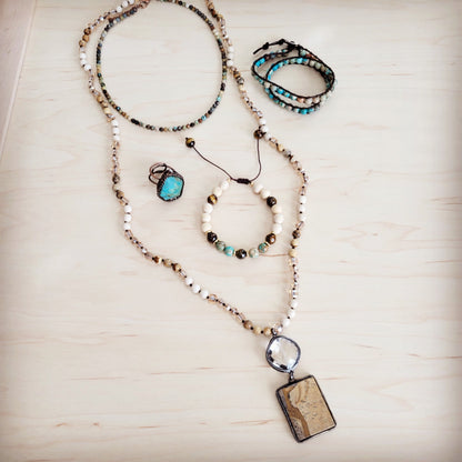 Picture Jasper & Crystal Long Beaded Necklace w/ Jasper Pendant 262t