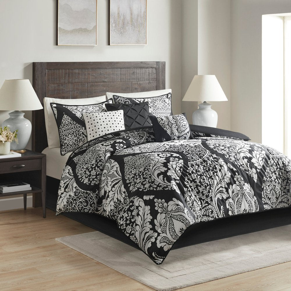 Set of Seven Black And White Damask King Ring Stitch Polyester Sham And Comforter
