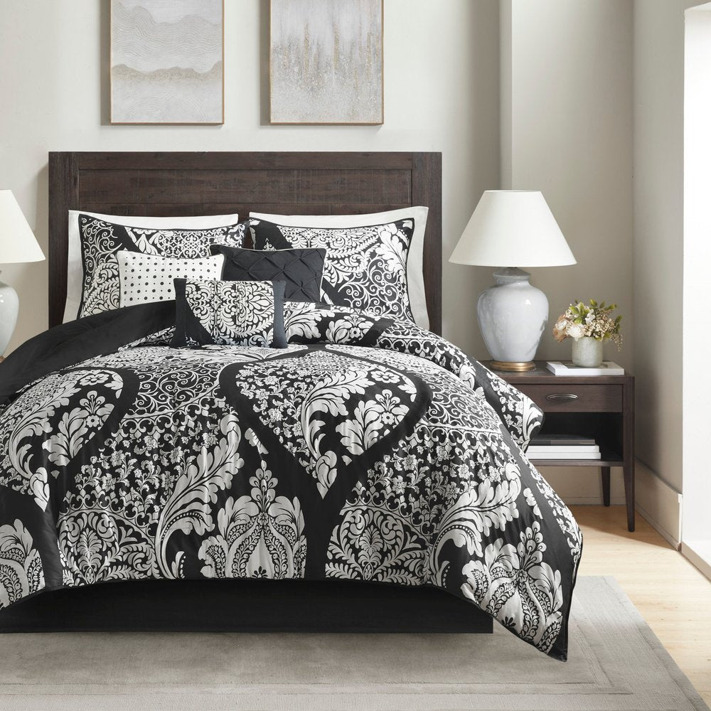 Set of Seven Black And White Damask King Ring Stitch Polyester Sham And Comforter