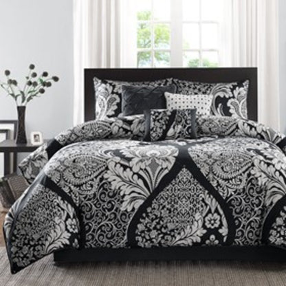 Set of Seven Black And White Damask King Ring Stitch Polyester Sham And Comforter