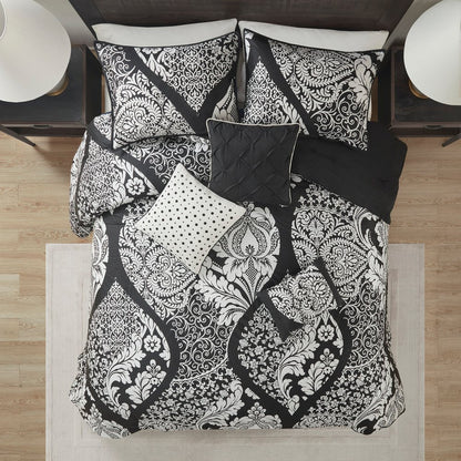 Set of Seven Black And White Damask King Ring Stitch Polyester Sham And Comforter