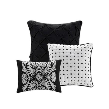 Set of Seven Black And White Damask King Ring Stitch Polyester Sham And Comforter