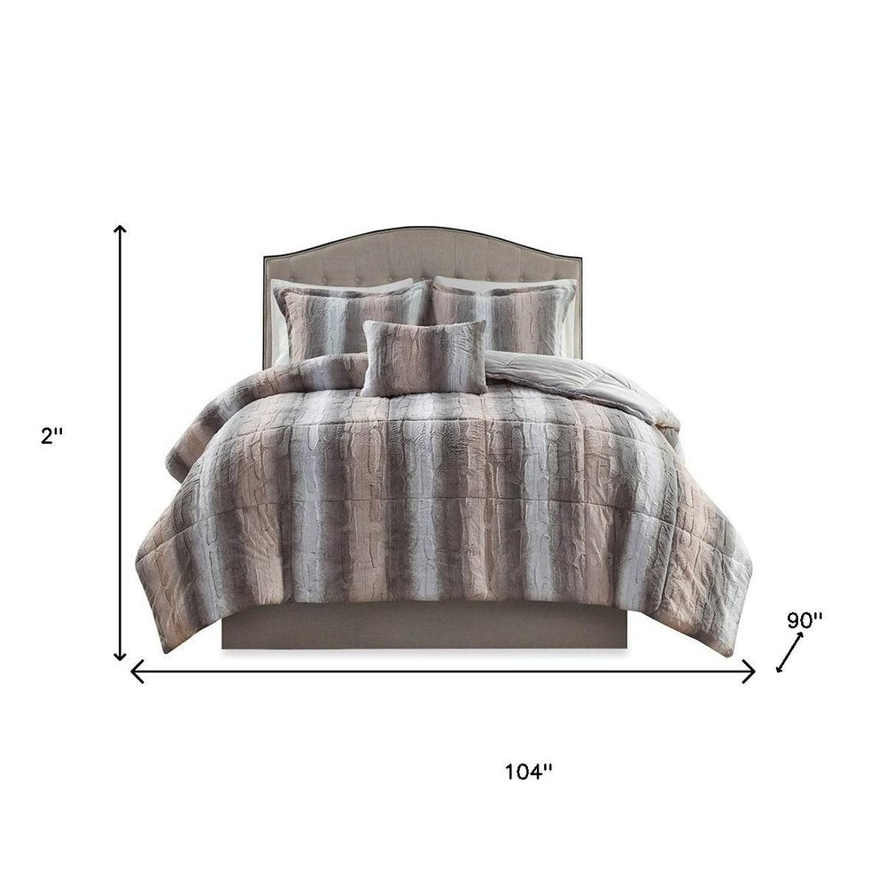 Set of Four Gray And Pink Striped King Ring Stitch Polyester Sham And Comforter