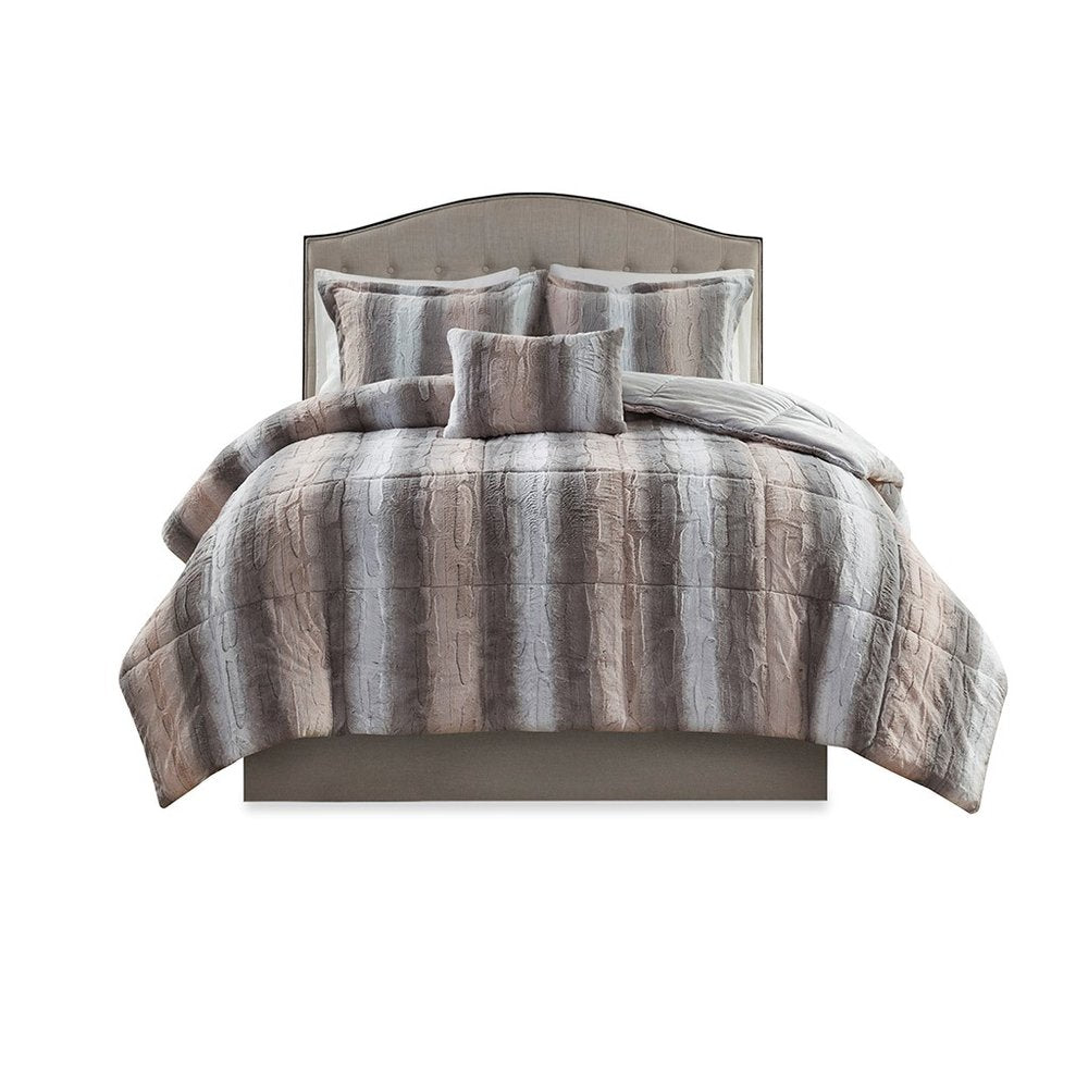 Set of Four Gray And Pink Striped King Ring Stitch Polyester Sham And Comforter