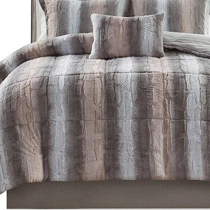 Set of Four Gray And Pink Striped King Ring Stitch Polyester Sham And Comforter