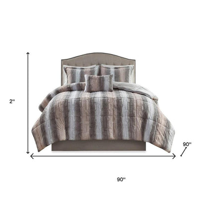 Set of Four Gray And Pink Striped Queen Ring Stitch Polyester Sham And Comforter