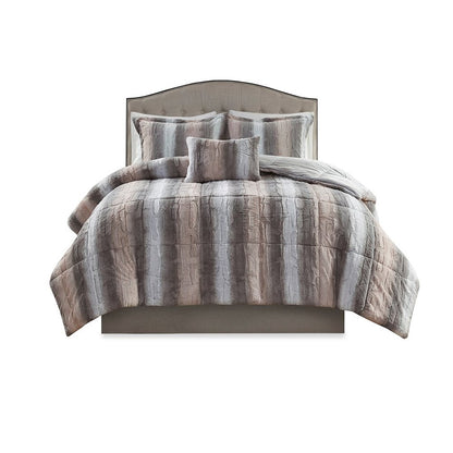 Set of Four Gray And Pink Striped Queen Ring Stitch Polyester Sham And Comforter