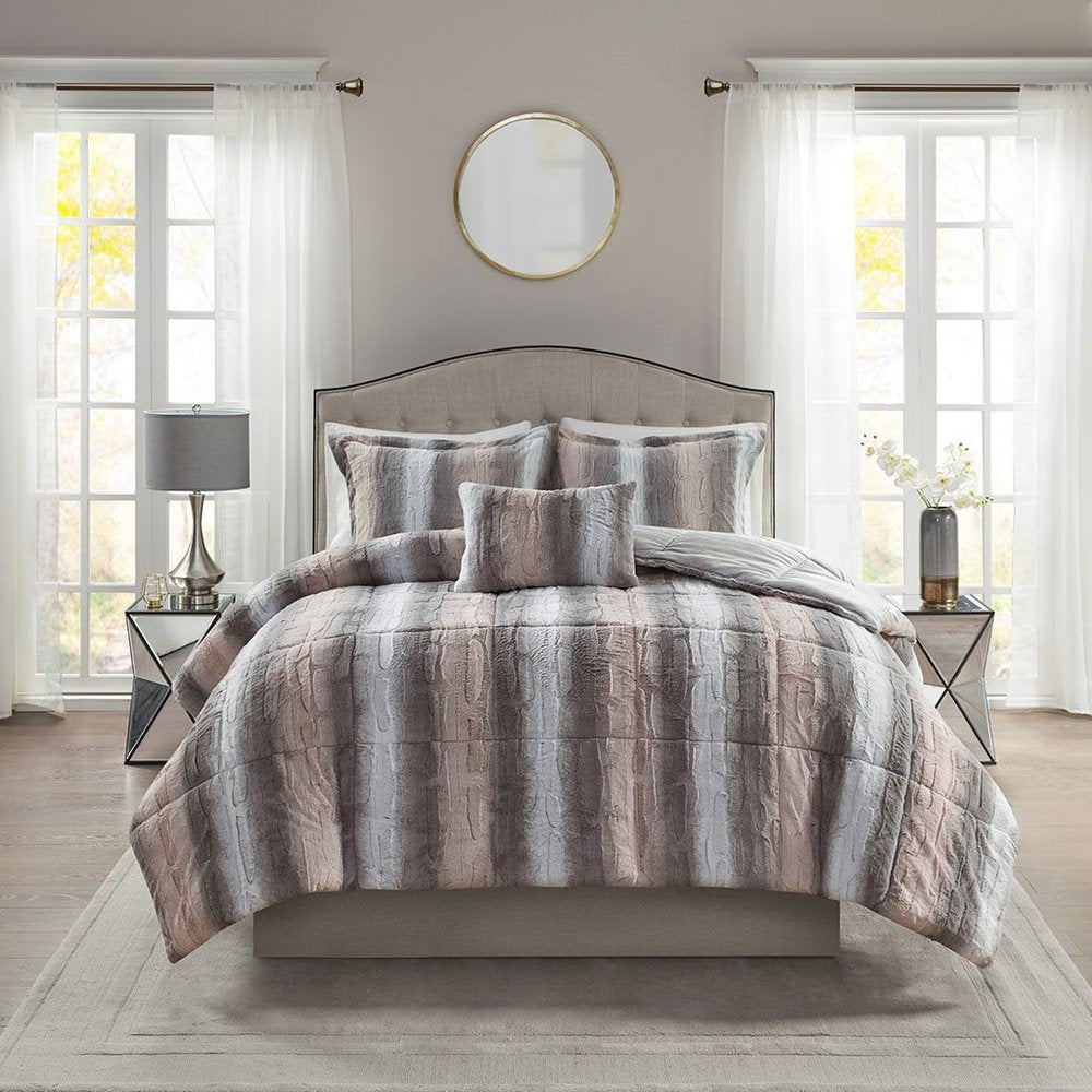 Set of Four Gray And Pink Striped Queen Ring Stitch Polyester Sham And Comforter