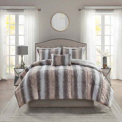 Set of Four Gray And Pink Striped Queen Ring Stitch Polyester Sham And Comforter