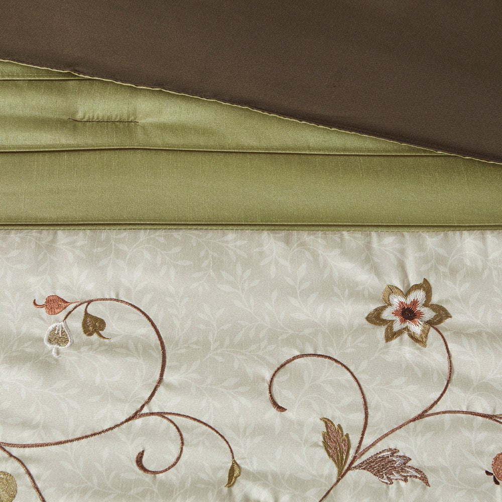 Set of Seven Green And Brown Floral King Ring Stitch Polyester Sham And Comforter