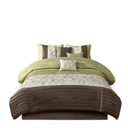Set of Seven Green And Brown Floral King Ring Stitch Polyester Sham And Comforter