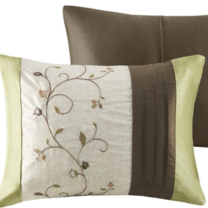 Set of Seven Green And Brown Floral King Ring Stitch Polyester Sham And Comforter
