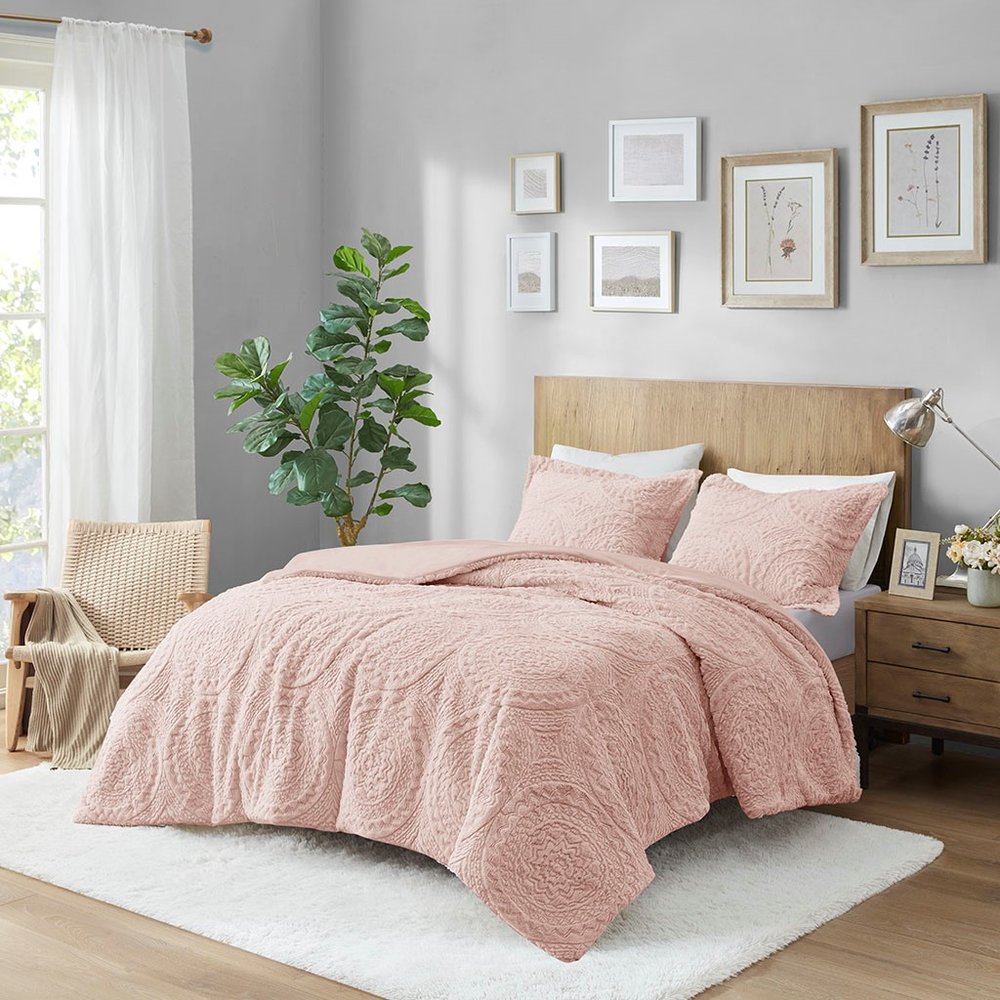 Set of Three Blush Medallion Queen Ring Stitch Polyester Sham And Comforter