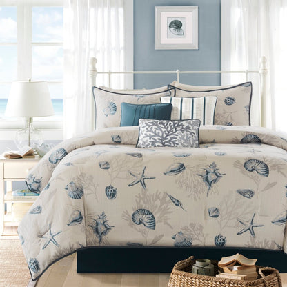 Set of Seven Blue And Ivory King Ring Stitch Sham And Comforter