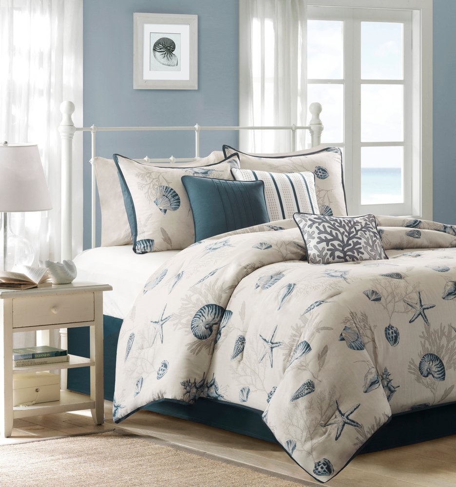 Set of Seven Blue And Ivory King Ring Stitch Sham And Comforter
