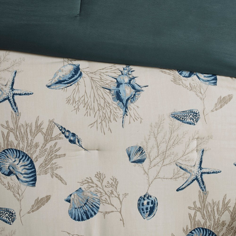 Set of Seven Blue And Ivory King Ring Stitch Sham And Comforter