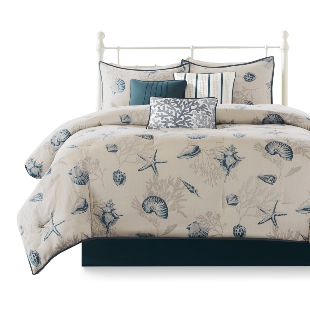 Set of Seven Blue And Ivory Shells and Starfish King Ring Stitch Comforter And Sham