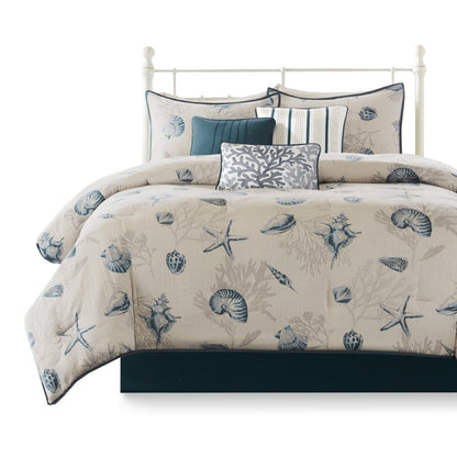 Set of Seven Blue And Ivory Shells and Starfish King Ring Stitch Comforter And Sham