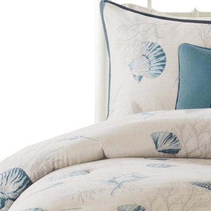Set of Seven Blue And Ivory Shells and Starfish King Ring Stitch Comforter And Sham
