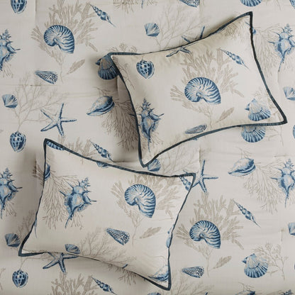 Set of Seven Blue And Ivory Shells and Starfish King Ring Stitch Comforter And Sham