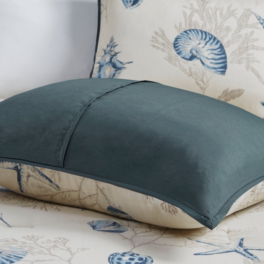 Set of Seven Blue And Ivory Shells and Starfish King Ring Stitch Comforter And Sham