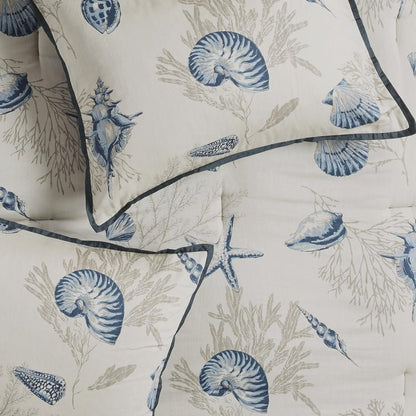 Set of Seven Blue And Ivory Shells and Starfish King Ring Stitch Comforter And Sham