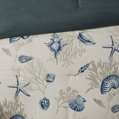 Set of Seven Blue And Ivory Queen Ring Stitch Sham And Comforter